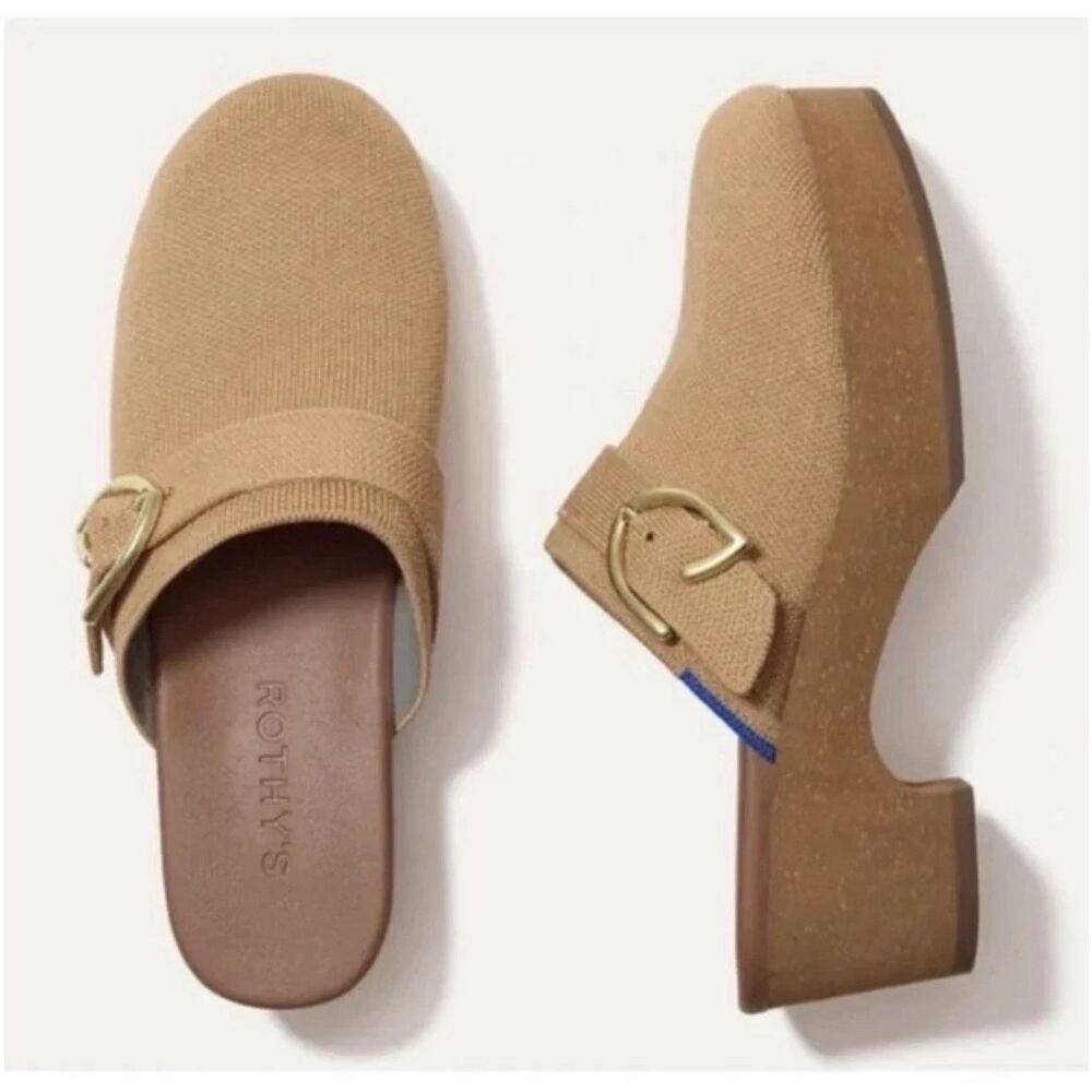 Rothy's The Buckle Clog Wren Boucle Tan Camel Women's Size 9.5 Mule Wedge Shoes - Picture 2 of 7
